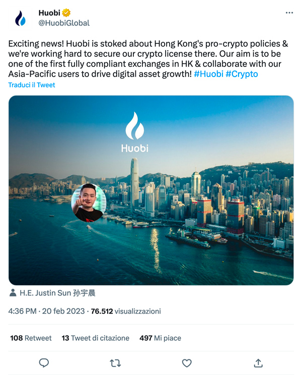Huobi annuncia la sede ad Hong Kong