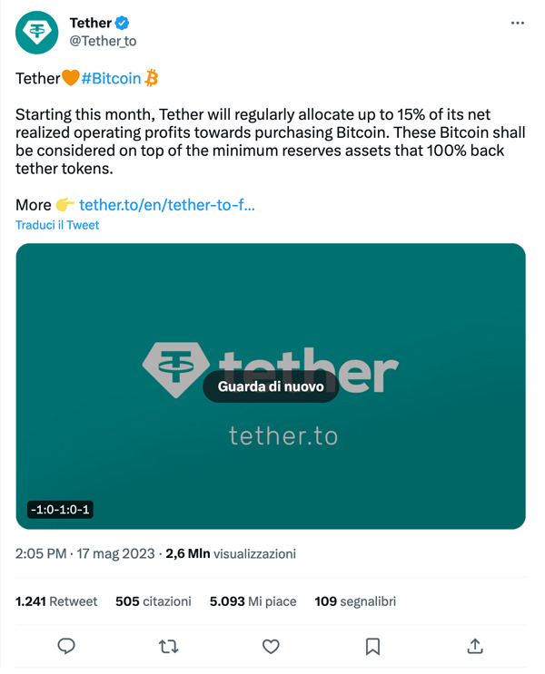Tweet di Tether su Bitcoin