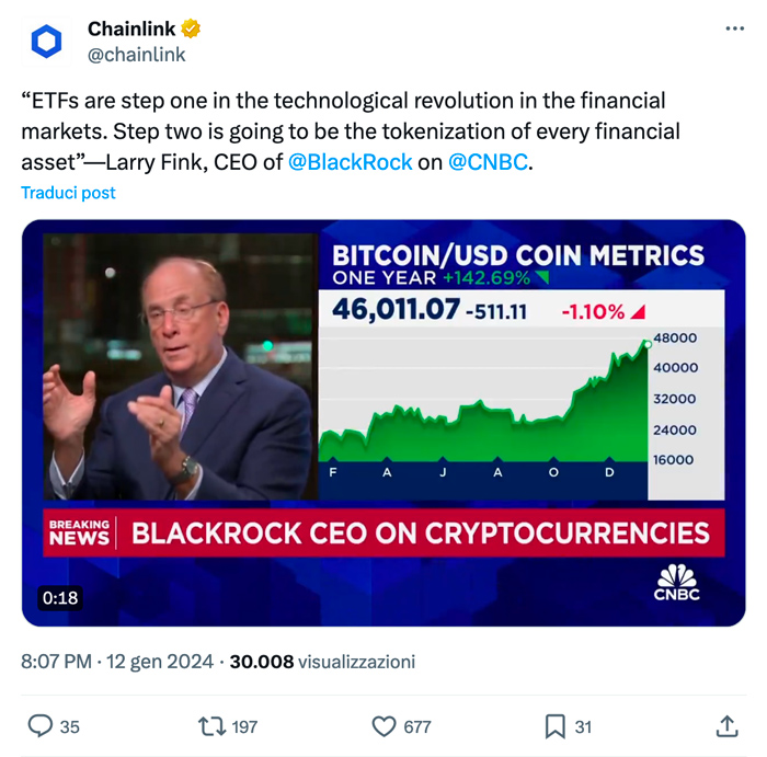 Larry Fink parla alla CNBC di Crypto
