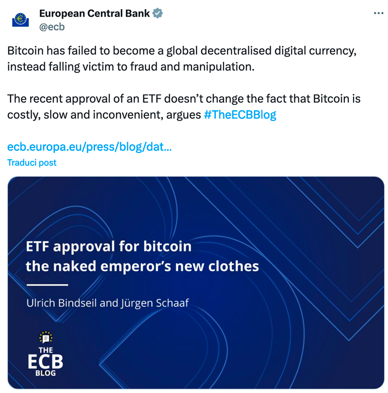 BCE contro Bitcoin - Post ufficiale su X