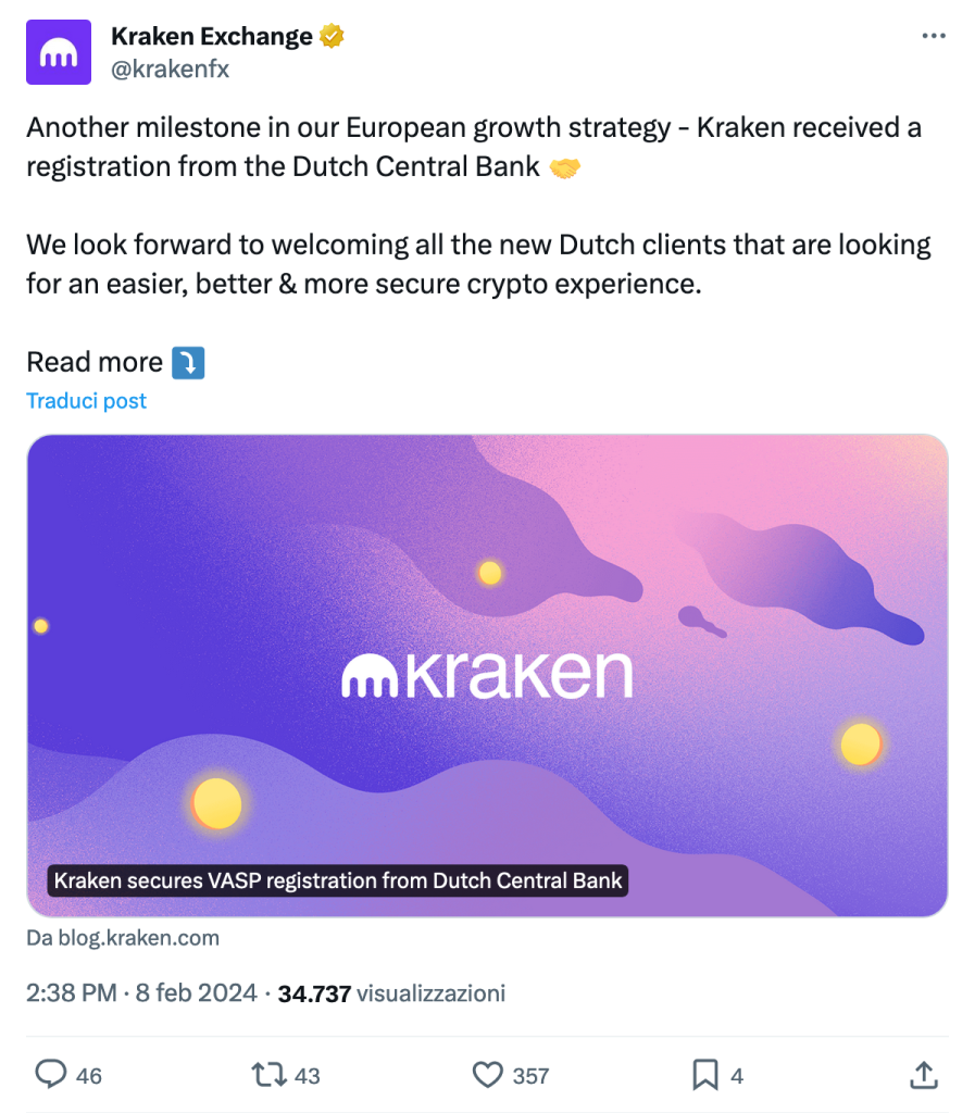 Kraken annunca la licenza in Olanda